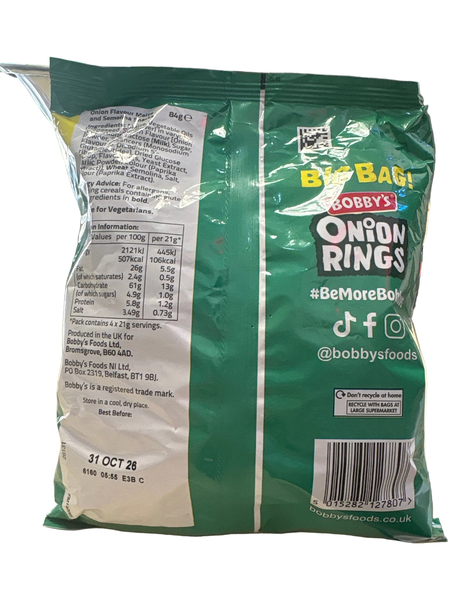 Bobby’s onion rings 84g bag short dated