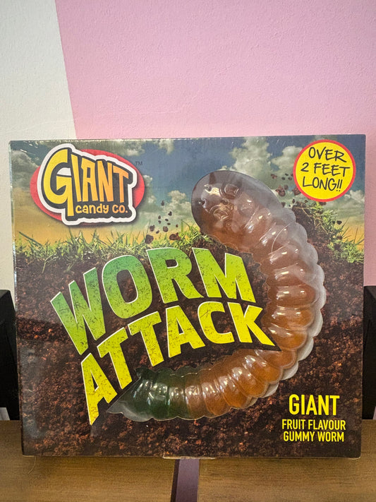 Box of Giant Worm Attack gummy worm with colorful design and text.