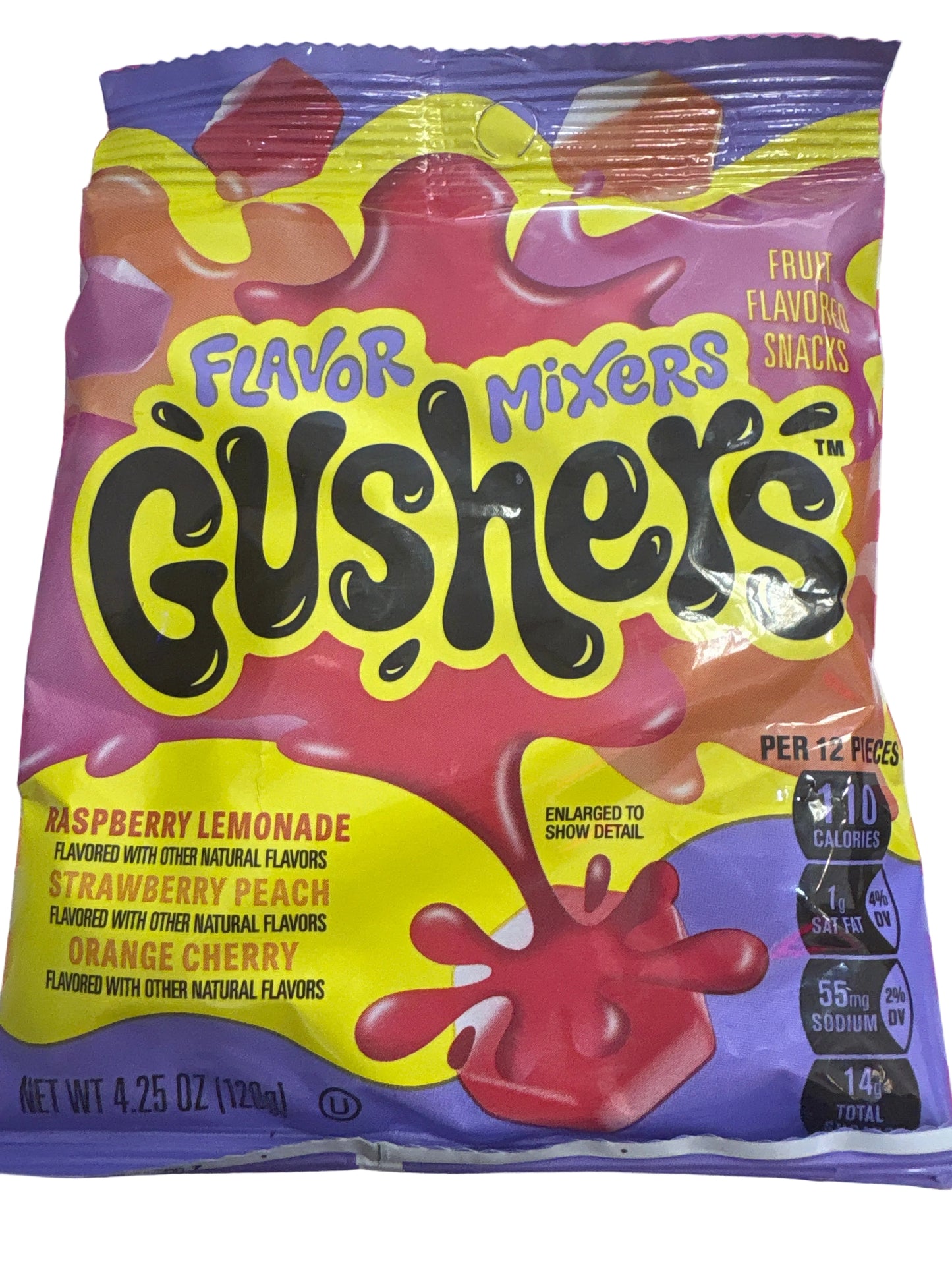 A bag of Gushers Flavor Mixers candy, specifically Raspberry Lemonade and Orange Cherry flavors, shown on a pink and white striped fabric background.