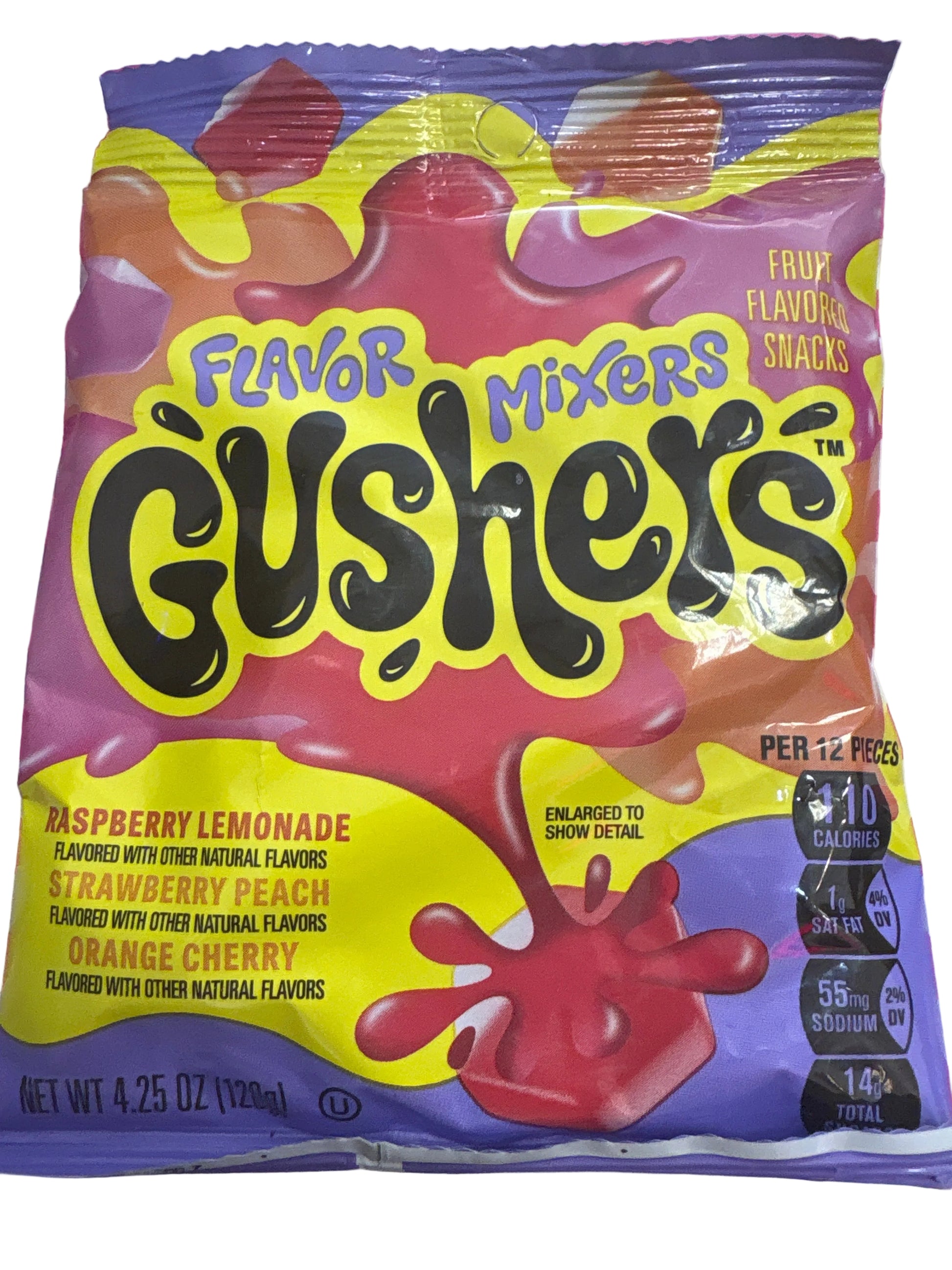A bag of Gushers Flavor Mixers candy, specifically Raspberry Lemonade and Orange Cherry flavors, shown on a pink and white striped fabric background.
